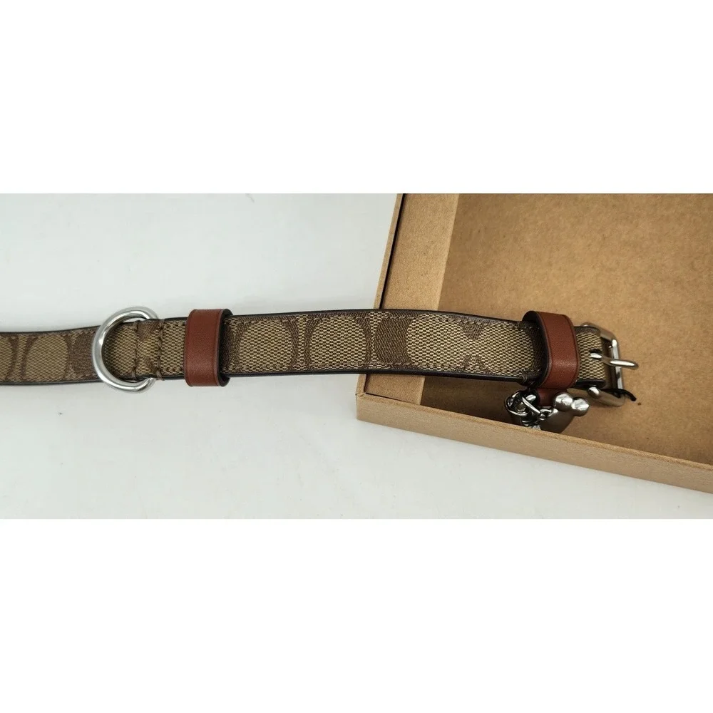 New Coach Dog Collar Medium Khaki Saddle Signature Canvas Leather CH146 J2392